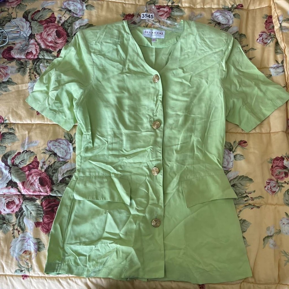 Klaxon Pour Femme Green 100% Washable Silk Blazer (40)S Office Work 90's Retro